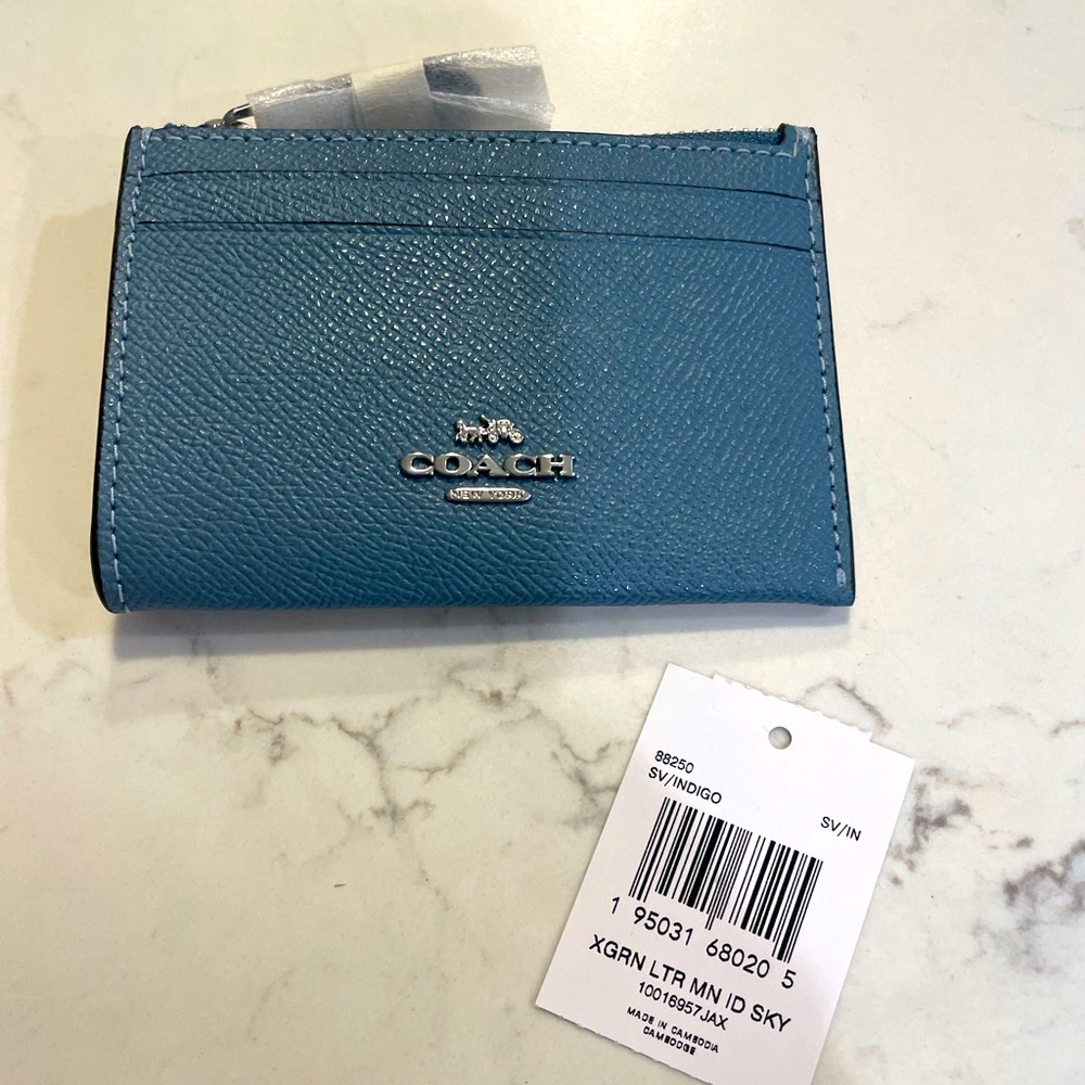 Coach Mini Skinny Indigo Blue Silver Small ID Case Key Ring Leather Wallet